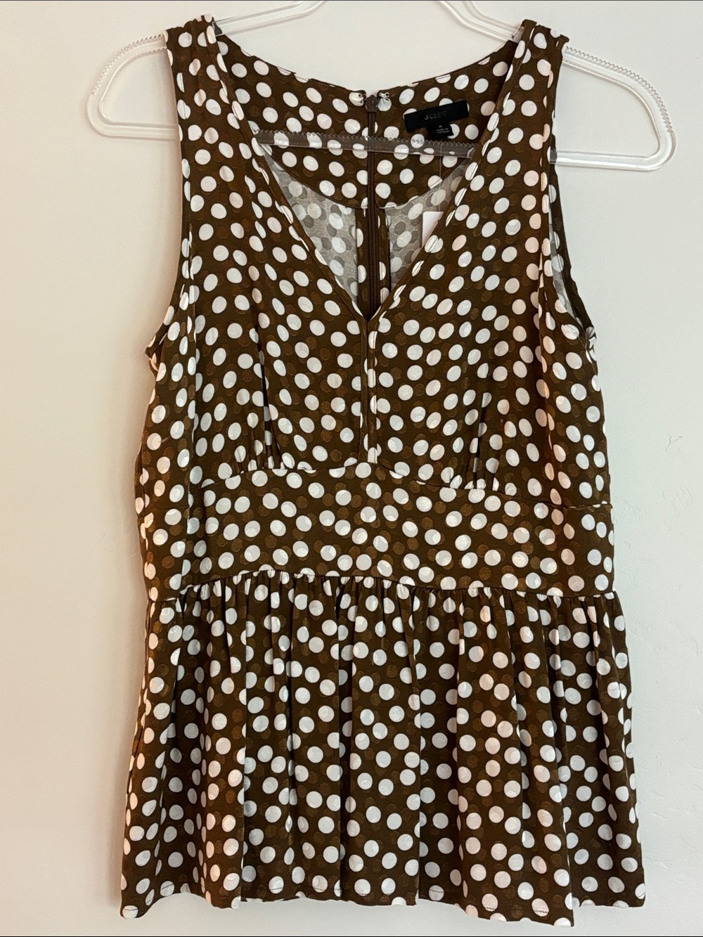 WOMEN’S Brown and cream Polka Dot Sleeveless peplum top  - Classic White Dot